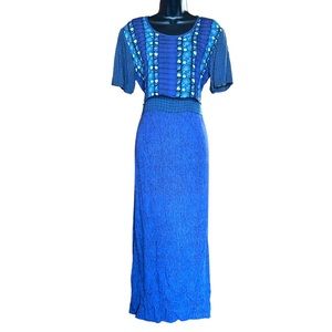 90s mixed print dark blue purple floral grunge plaid short sleeve maxi dress